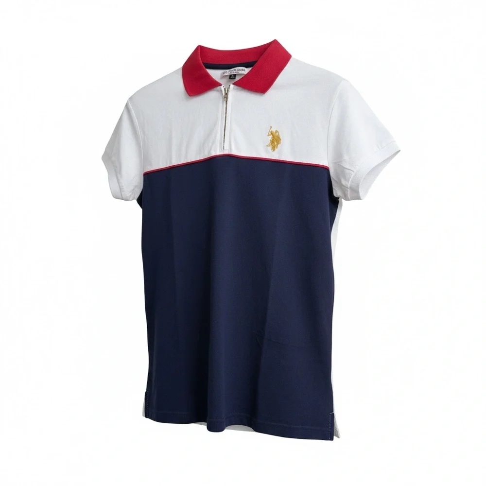 U.S. Polo Assn. Colorblock Zip Short Sleeve Polo Navy White Women’s Sz Medium - Picture 3 of 6
